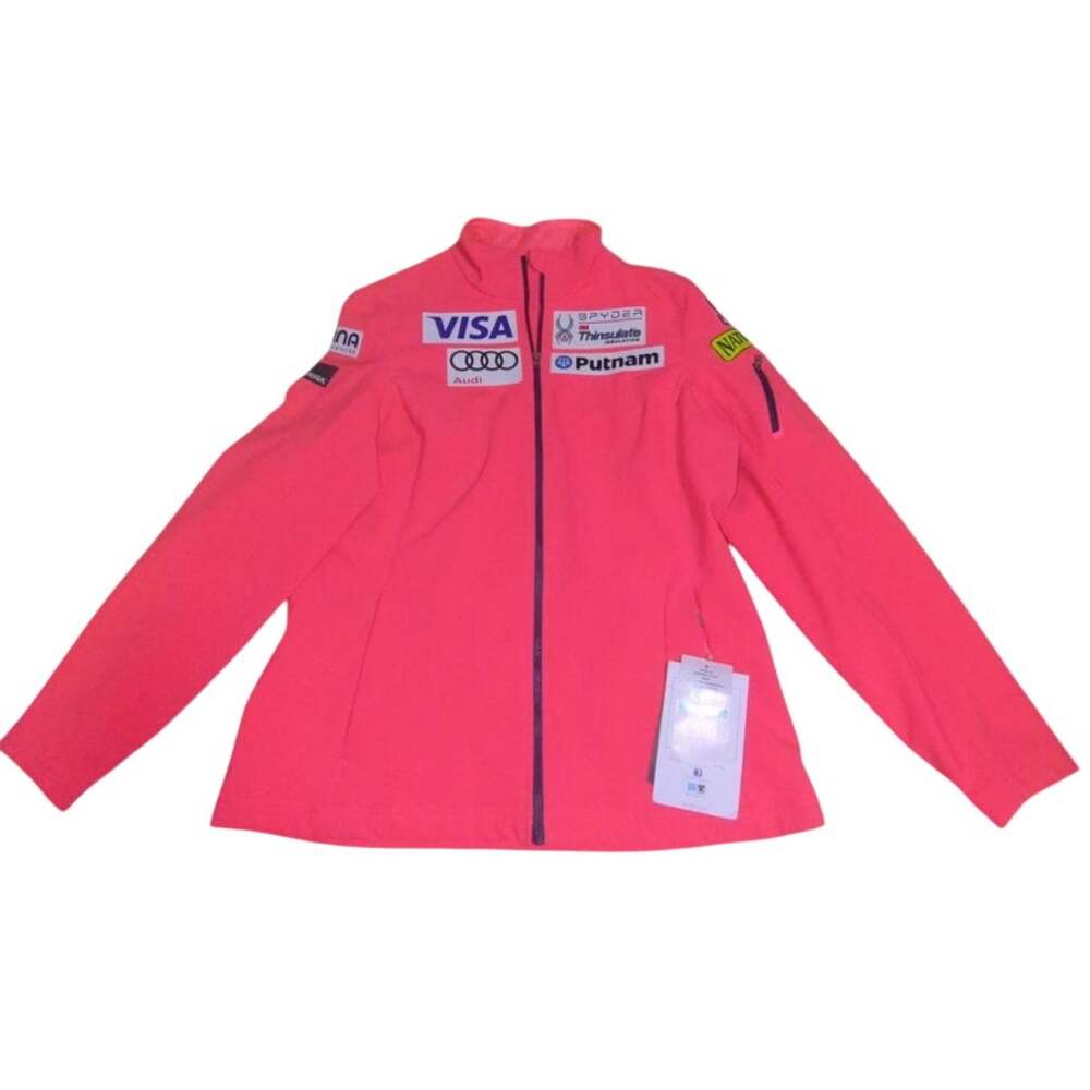Spyder Women's L US Ski Team Softshell Jacket Neon Pink Full Zip Sponsor Patches